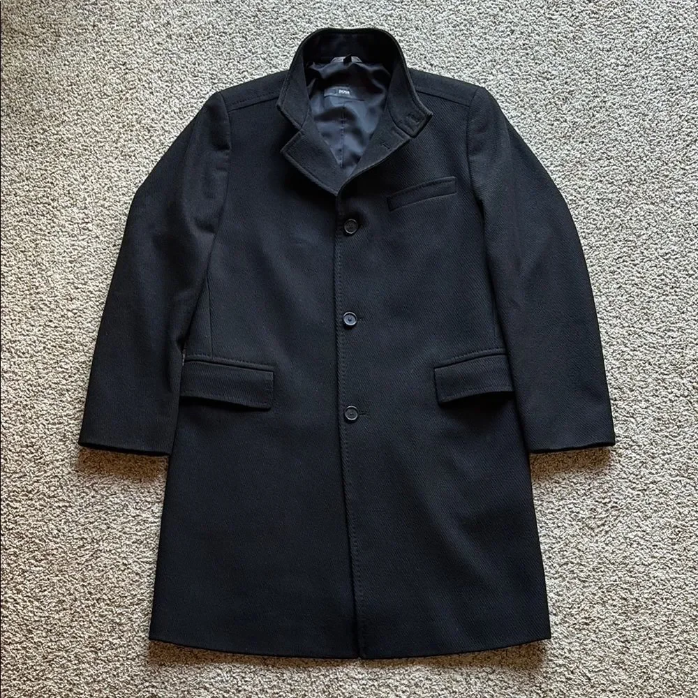 Hugo Boss Men’s The Syntrax3 Black Wool Overcoat Top Coat 42 R Medium/Large